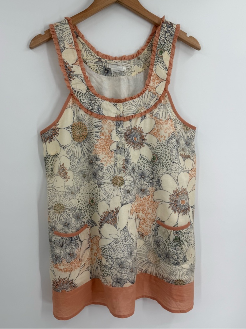 ✦ To The Max Floral Cotton Ruffle Neck Boho Tank Top | Cream Multi | Large